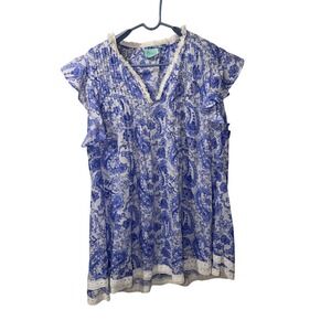 True Destinations Blue White Paisley Boho Lace Trim Tunic Top Blouse Women's L